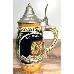 Vintage German Beer Stein With Pewter Lid Heidelberg Design 0.5L Capacity Cerami